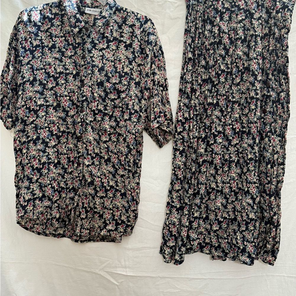 Vtg Jane Ashley Floral Rayon Button Shirt Pleated Skirt Set Cottagecore Layering
